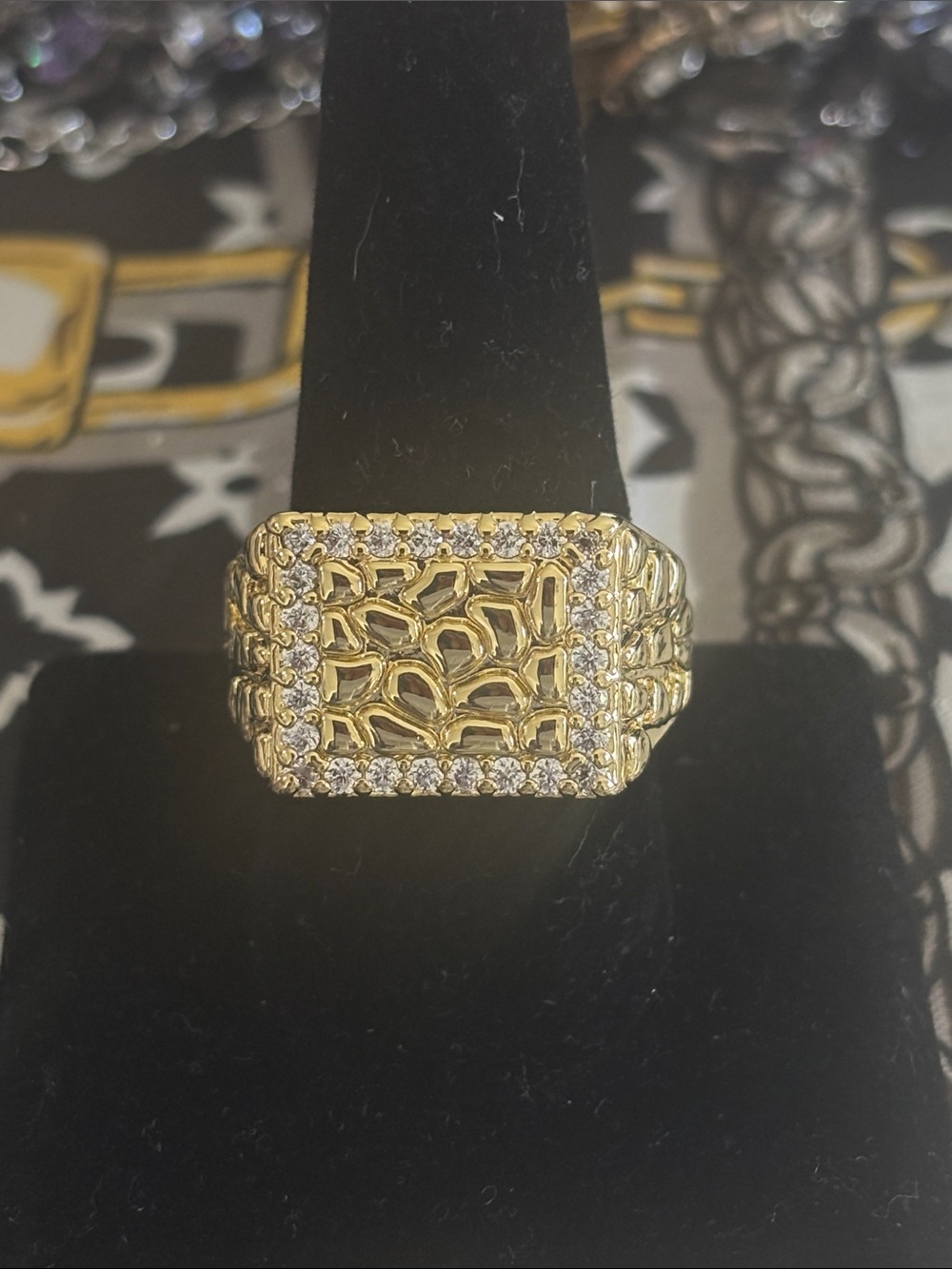 Gold-Tone Rectangular Filigree Ring with Pavé Crystals Size 12